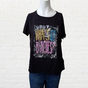 Guess small What up Beaches black embroidered t-shirt